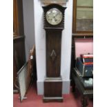 1920's Oak Cased Grandmother Clock, with barley twists to hood, black numerals to silvered dial, 8