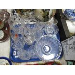 Cut Glass Trumpet Shaped Vase, cut glass fruit bowl, other glassware etc:- One Tray