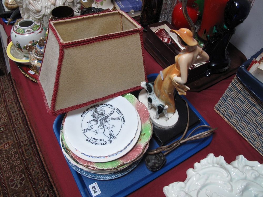 Art Deco Goldscheider Style Table Lamp, as a lady in orange dress, with terrier by her side (