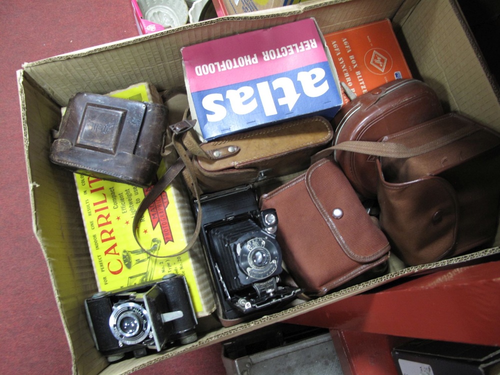 A Cased Kodak No1 Pocket Folding Camera, a Welta Compur Cased Camera, two box cameras (one in blue),