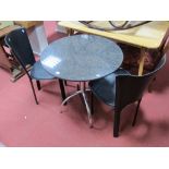 Stainless Pedestal Table, with a circular granite top, together with two chairs.