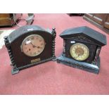 XIX Century Black Slate Mantel Clock, with marble cylindrical columns, 1920's oak cased example.