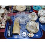 Art Deco Glass Decanter, cranberry sugar caster, Noritake teaware, eight Oriental figures etc:-