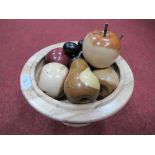 Treen Fruitwood, Apples, Pears and Grapes, in a turned pedestal bowl (possibly walnut).