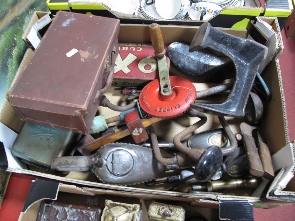 A Rabone Tape Measure, oil cans, cast iron shoe lasts, marker gauge, Oxo tin drill etc:- One Box