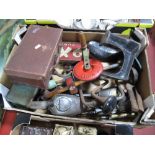 A Rabone Tape Measure, oil cans, cast iron shoe lasts, marker gauge, Oxo tin drill etc:- One Box