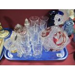 A Slag Glass Jar and Cover, caster, Bristol blue type glass vase, lidded dish, chocolate glasses,