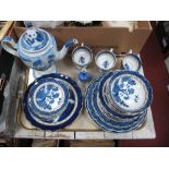XIX Century Blue and White Pearlware Coffee Pot, (damages), "Real Old Willow" Dinnerware:- One Tray