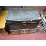 A Circa 1940's Wooden Ribbed Chest, with metal strapwork, and a mid XX Century tin trunk. (2)