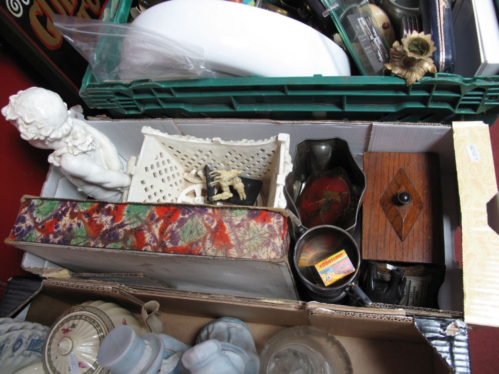 White Pottery Posy Chariot (damaged) Bassets tin, oak trinket box trophy, matchbox, 'The Landrover',