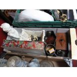 White Pottery Posy Chariot (damaged) Bassets tin, oak trinket box trophy, matchbox, 'The Landrover',