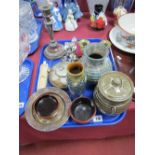 Silver and Other Teaspoons, brass candlesticks, studio pottery, etc:- One Tray