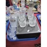 A Cased Set of Four Edinburgh Crystal Whisky Tumblers, a lead crystal spirit decanter, Claret jug,