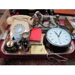 Spelter Table Lighter as a Pointer Dog by Tree Stump, bakelite cased wall clock, cream telephone