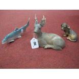 Royal Copenhagen Dachshund 3140, Salmon 2676, Recumbent Stag 756. (3)