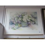 XX Century School, Still Life of Flowers and Fruit, Watercolour, 43.5 x 64cms, signed indistinctly