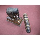 Indian Carved Elephant, with bone inlay on a stand, together with a carved wall hanging of an