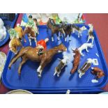 Beswick Pottery, (all with faults), brown horse with red jackets, male rider, two foals, five