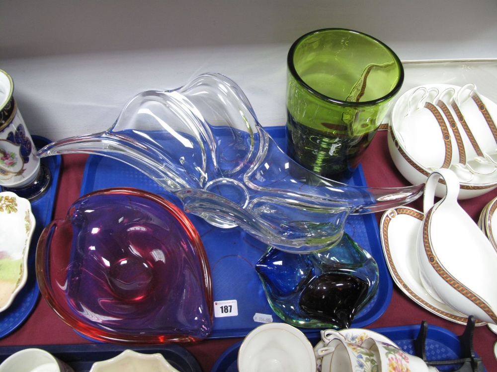 Mid XX Century Venetian Ashtray, having three apertures, free form glass bowl, 57cms wide, Cranberry