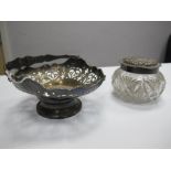Pierced Silver Basket by Walker & Hall, 14cms diameter, silver topped glass tidy jar. (2)