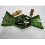 Smelling Salts Bottle, in treen holder, treen needle holder, manicure items in green plush case.