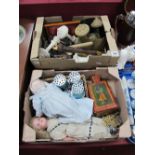 Dolls, Painted Wooden Box, Britains lead farmyard figures, furniture carvings, etc:- Two Boxes