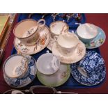 Seven Victorian/ Edwardian Moustache China Cups and Saucers, including Coalport, J.F.W 'Seasons'