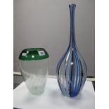 Twists Glass Vase, by Mike Hunter with green rim, signed under base 21.5cms high, another in blue,