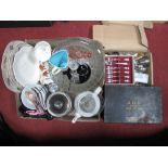 Rice Bowls and Spoons, cutlery, glass knife rests, biscuit barrel, first aid items in tin, faceted