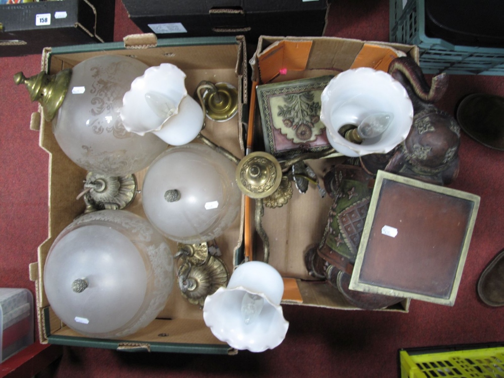 Three Globular Glass Ceiling Lights, having gilt metal fittings, three branch ceiling light, Resin