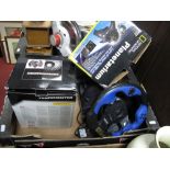 A Logitech "Driving Force" Games Console Wheel and Pedals, a Thrustmaster joystick and a