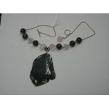 A Modern Moss Agate and Rose Quartz Necklace, to T-bar and loop fastener stamped "925".