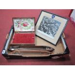 XIX Century Rosewood Box, with two wool shuttles, (3) and also a framed photo Oxford Union Society