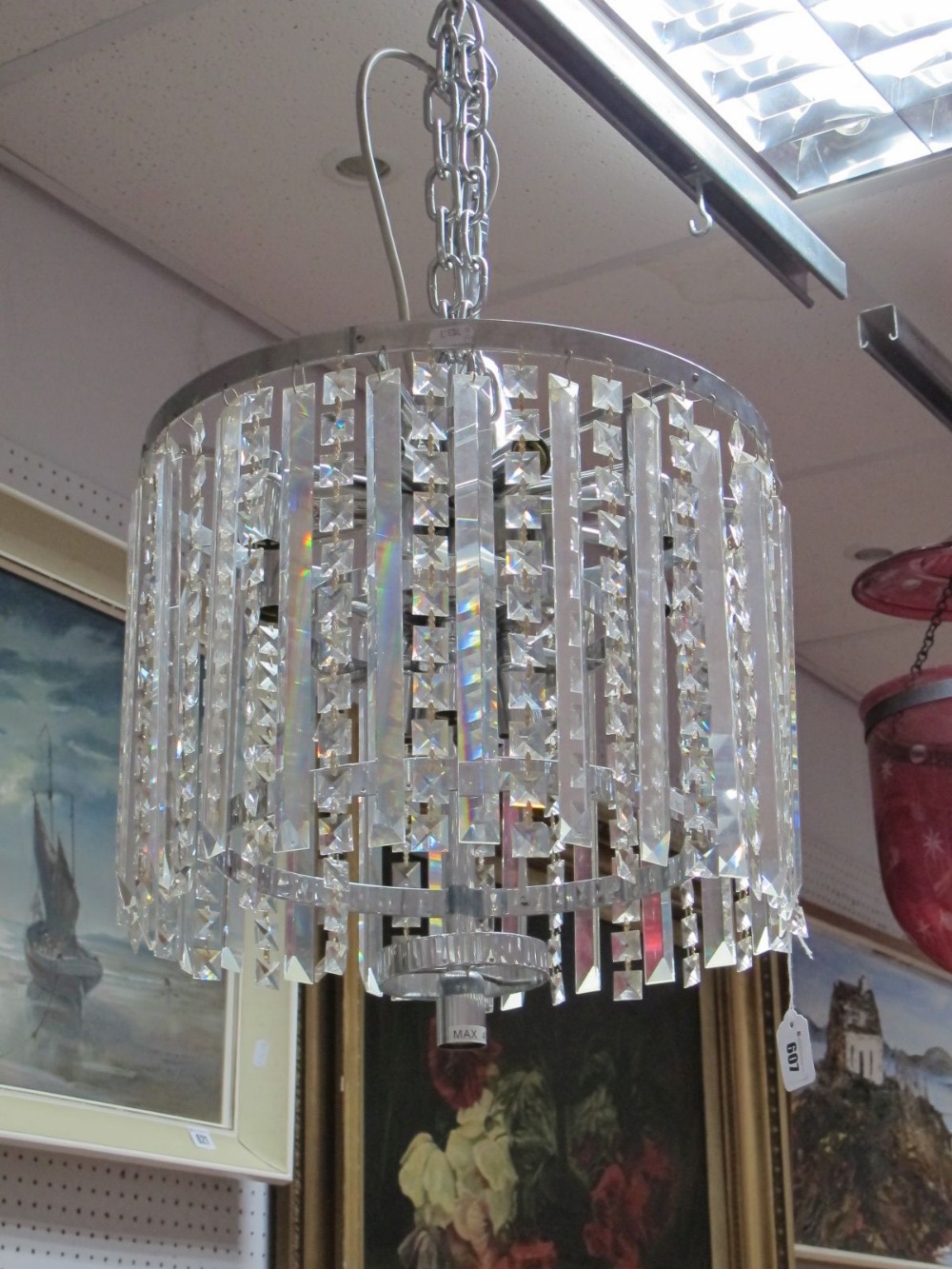 XX Century Chrome Ceiling Light, with faceted glass drops.