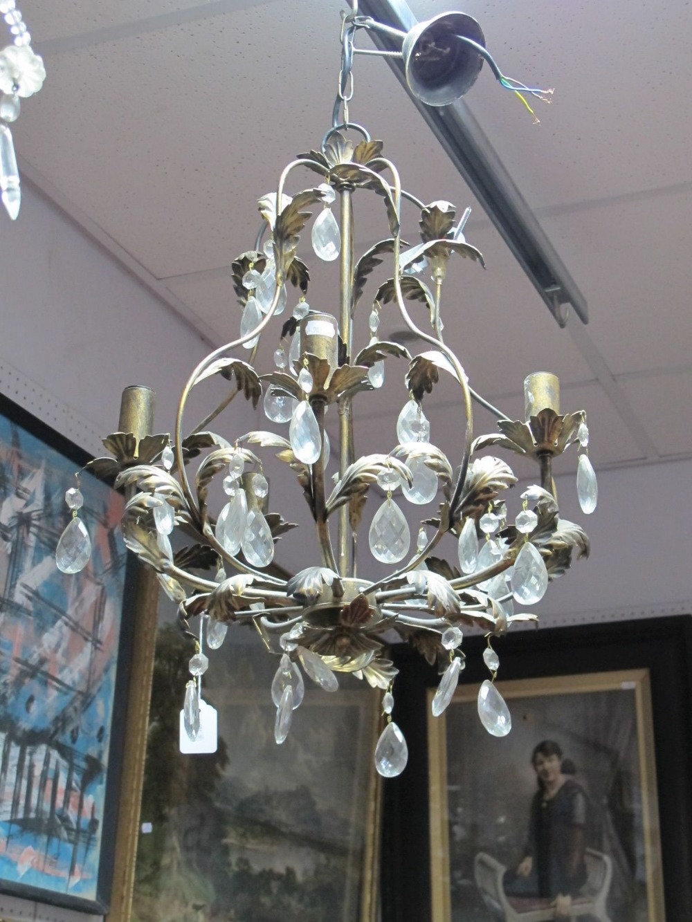 XX Century Five Branch Ceiling Light, with foliage decoration and pear shaped drops, (some drops