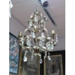 XX Century Five Branch Ceiling Light, with foliage decoration and pear shaped drops, (some drops