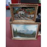 Circa 1970's Oil on Canvas, Alpine landscape, 49.5 x 74.5cms; woolwork picture of a hamlet. (2)