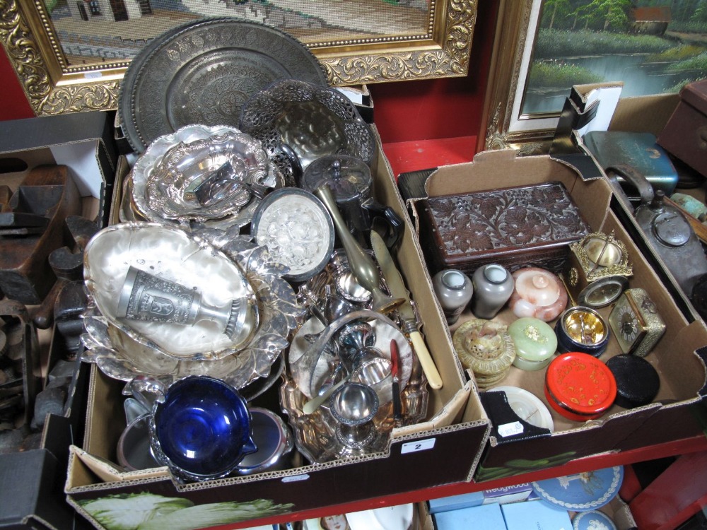 Indian Metal Chargers, electroplated teapot, egg cups, loose cutlery, other metalwares, onyx jars