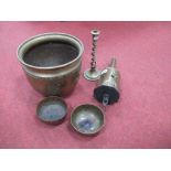 Copper Jardiniere, John Linwood roasting spit, candlestick etc. (5)