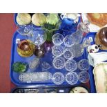 Cranberry Etched Tumbler, oil bottles, coloured glass vases, drinking glasses, etc:- One Tray