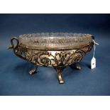 WMF; A Plated Fruit Bowl, complete with original glass liner, of oval form, with twin swan scroll