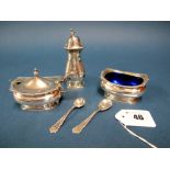 A Matched Hallmarked Silver Three Piece Cruet Set, each with gadrooned rim; together with pair of