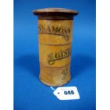 A Victorian Three Tier Circular Section Turned Wood Spice Tower, bearing labels for cinnamon, ginger