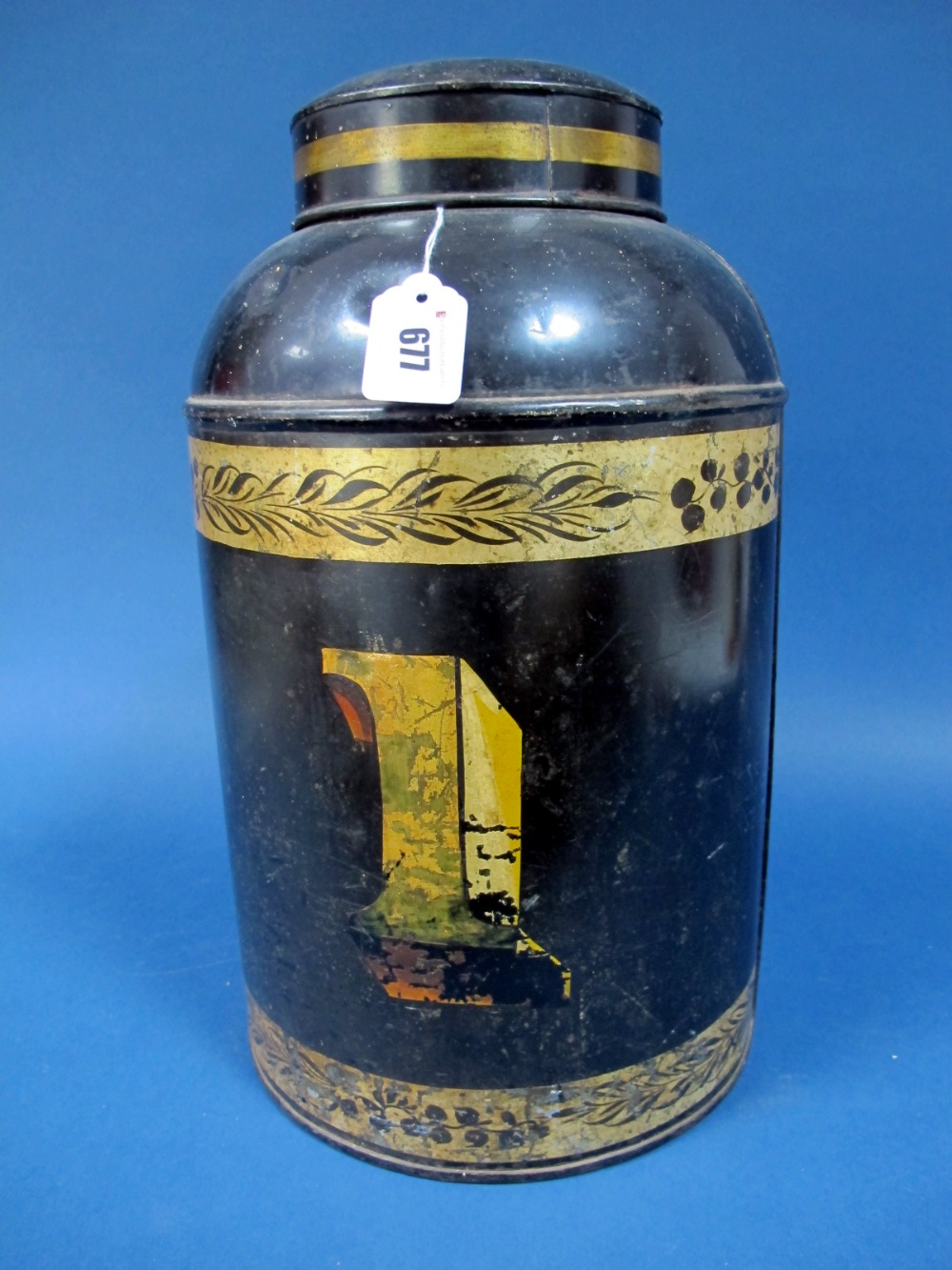 A Victorian Toleware Cylindrical Tea Cannister, by H. Fereday & Sons, London, lift-off cover,