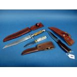 John Nowill & Sons Ltd., Sheffield, Hunting Knife, with antler horn scales, leather sheath; A