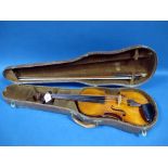 A Violin, the one-piece back, length 141/8in, inlaid purfling, rosewood pegs, with nickel-mounted