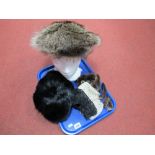 A Canadian Racoon Fur Beret Style Hat; a black mink pillar box style hat; plus two lace collars.