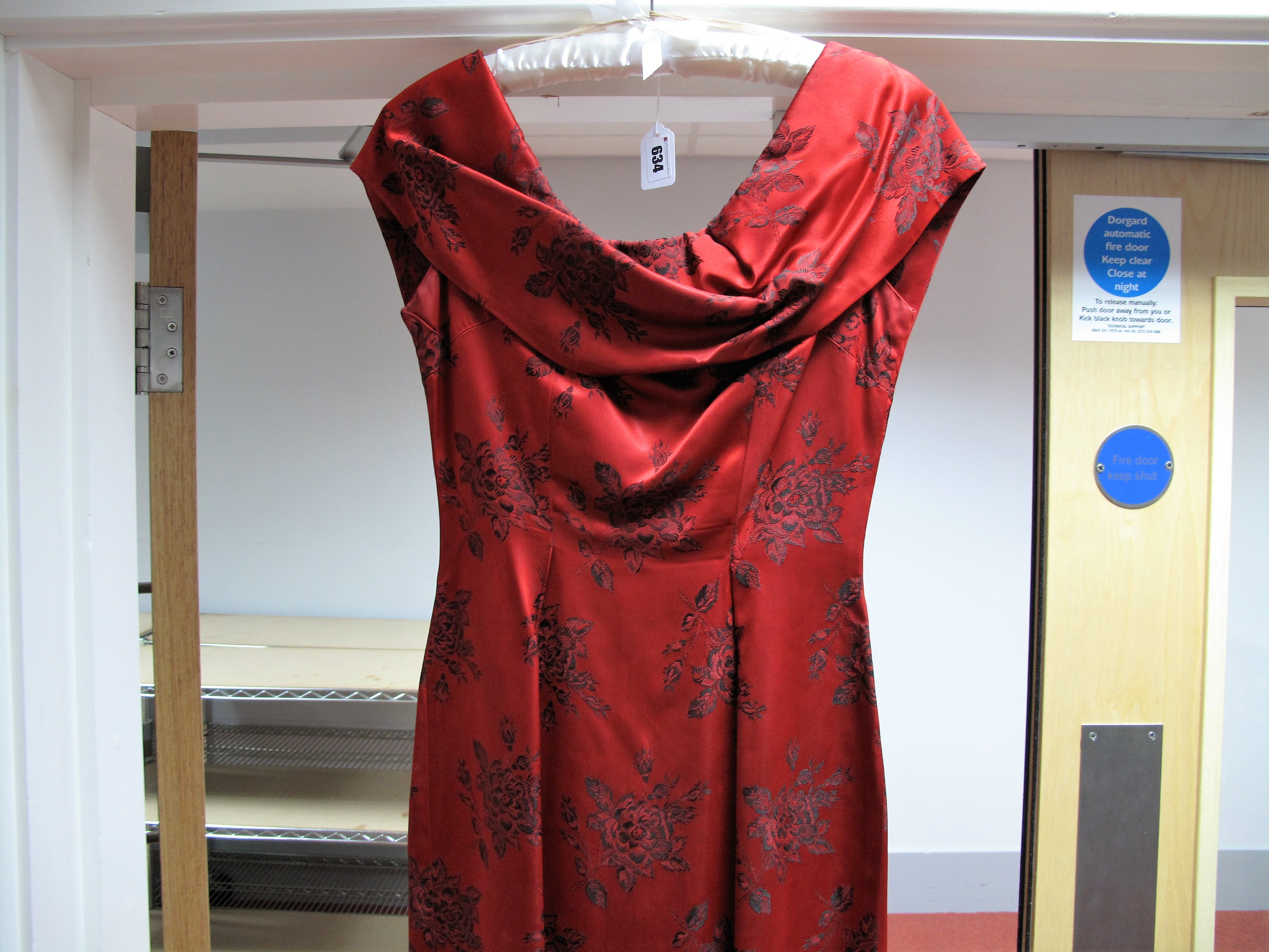 A 1950's Vintage Cocktail Dress, in figured red satin, fitted sheath style with draped collar and - Image 4 of 4