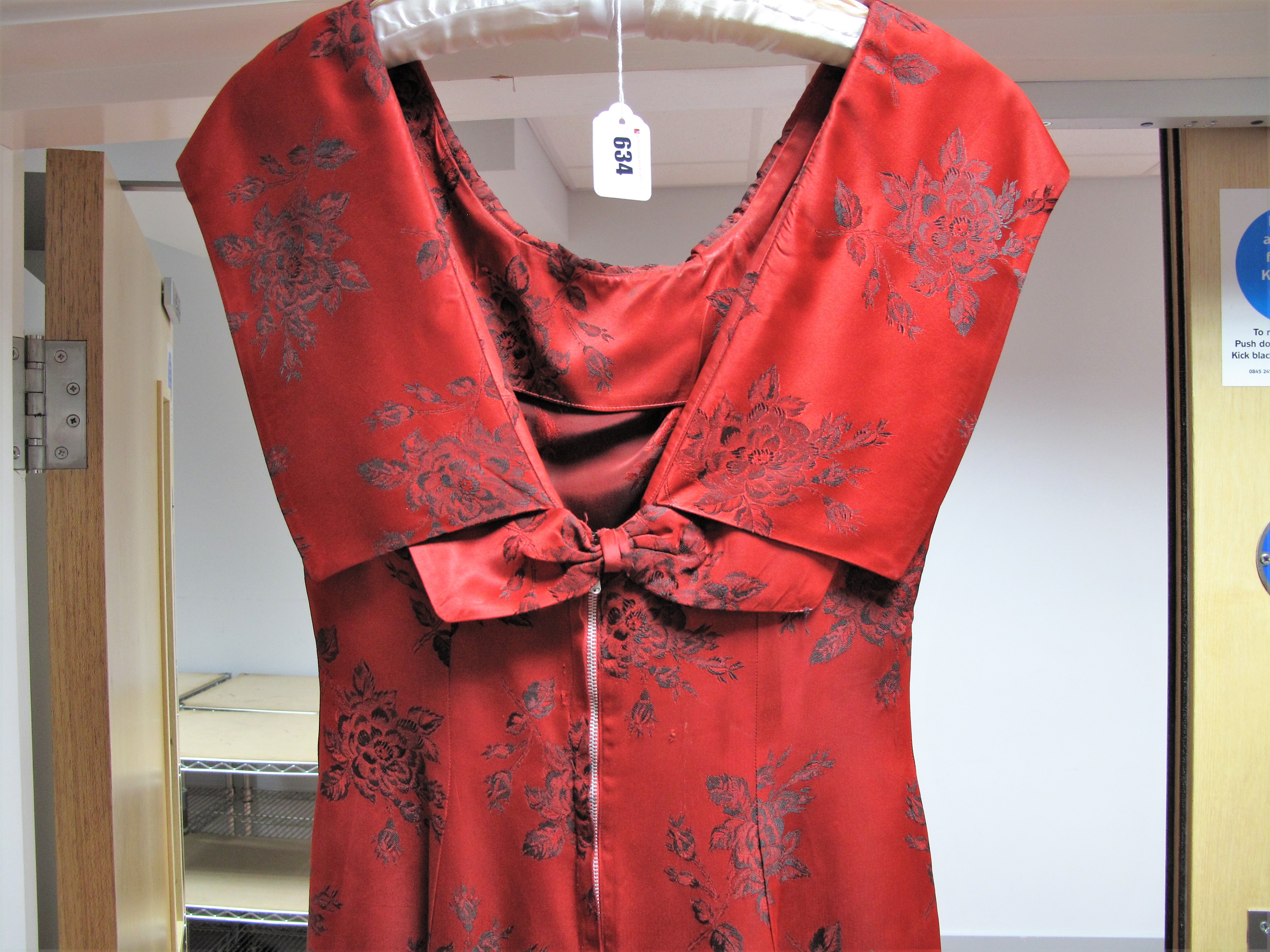 A 1950's Vintage Cocktail Dress, in figured red satin, fitted sheath style with draped collar and - Image 3 of 4