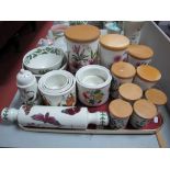 Portmeirion 'Botanic Garden' Pottery, storage jars, rolling pin, drainer bowl, caster:- One Tray